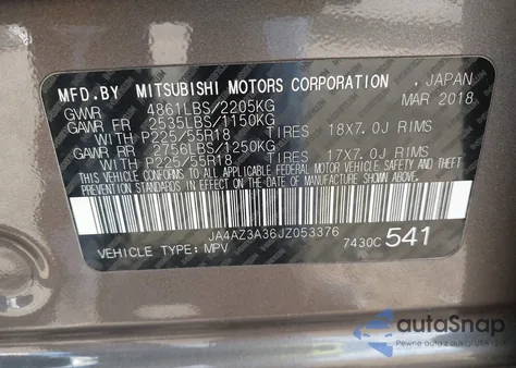 2018 Mitsubishi Outlander Se from USA, damaged, VIN JA4AZ3A36JZ053376